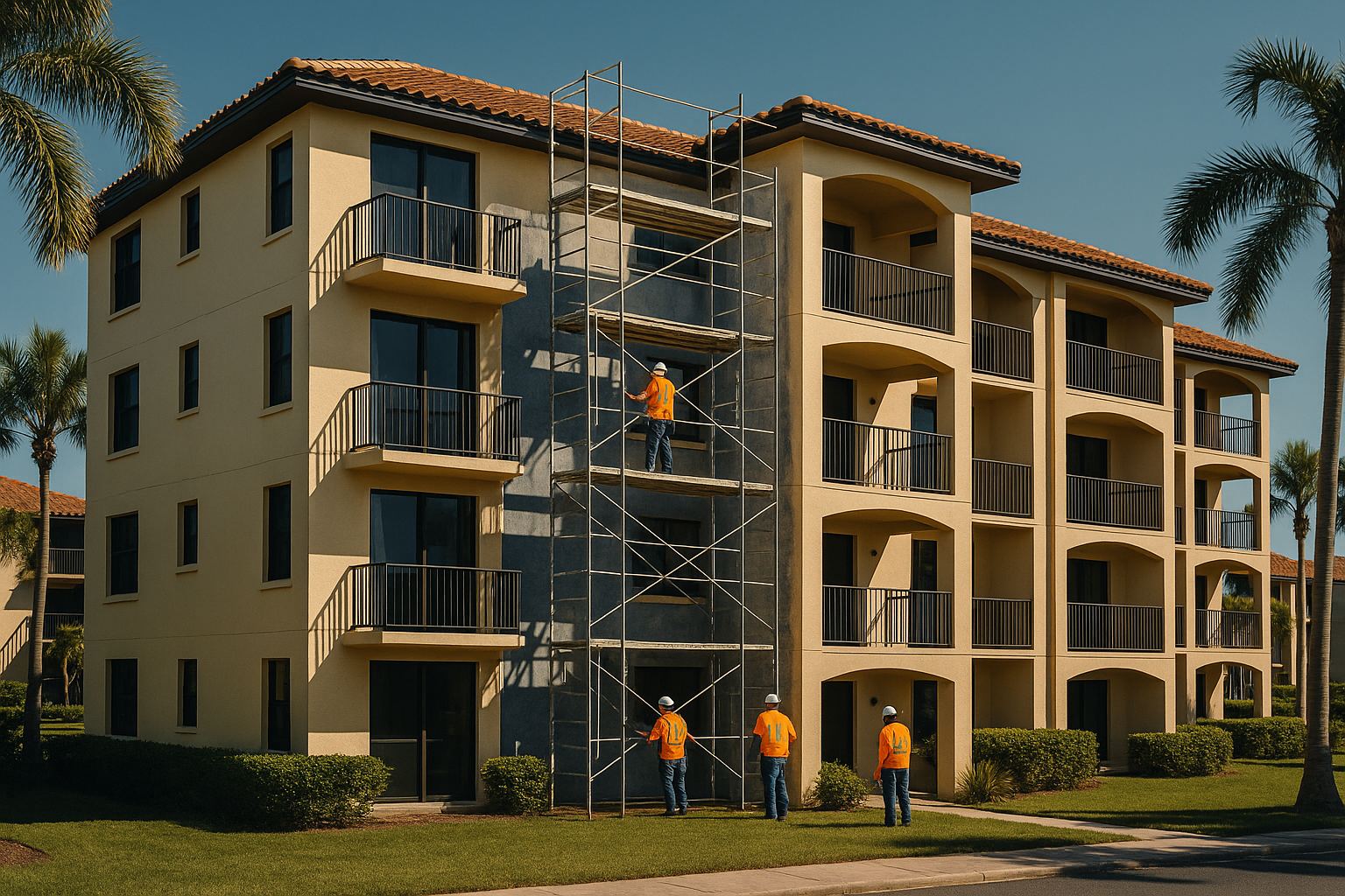 Multi-story HOA condominium building with a lift and crew performing exterior waterproofing on one elevation while residents remain in occupancy