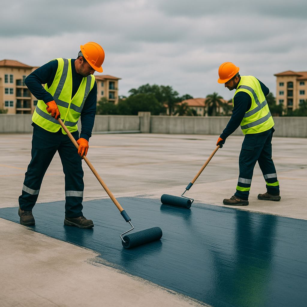 Podium deck of a multifamily condominium building with waterproof coating applied over the traffic surface