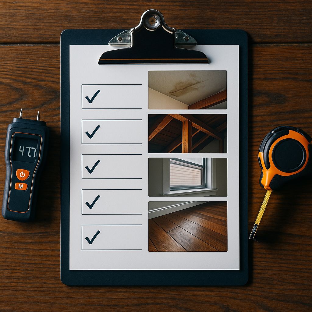 Printed water intrusion inspection report with photo log and moisture readings on a clipboard