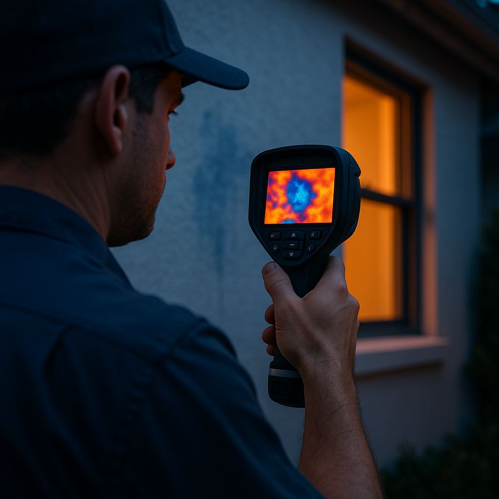 Thermal imaging camera readout showing moisture differential behind an exterior stucco wall