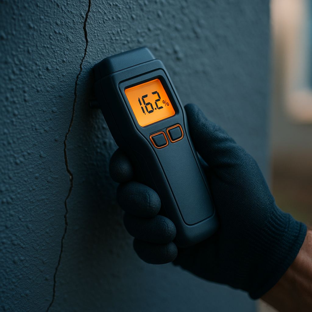 Technician conducting a 21-point water intrusion inspection with a moisture meter on a Florida home exterior