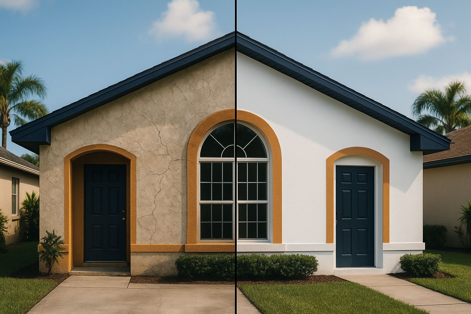 Before and after of a stucco home exterior elastomeric coating in Winter Park