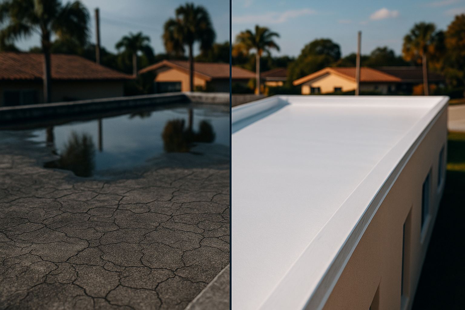 Before and after of a flat roof silicone coating in Lake Nona