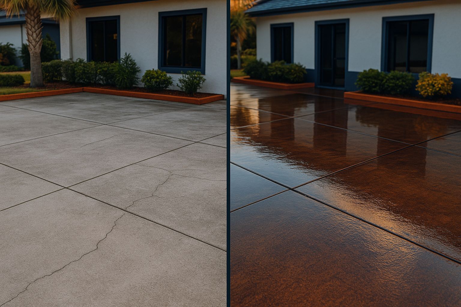 Before and after of a concrete driveway sealing in Windermere