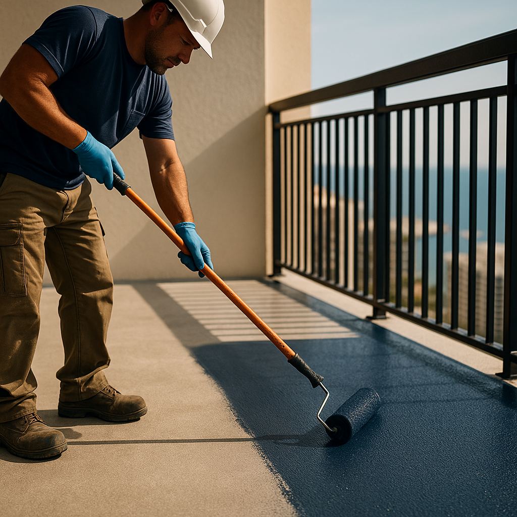 Condo balcony deck with newly applied slip-resistant waterproof traffic coating