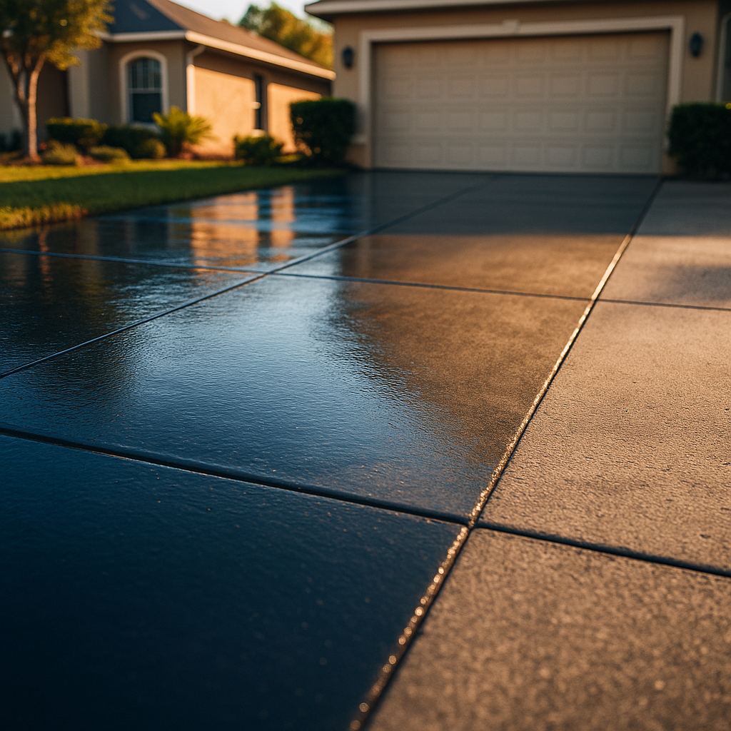 Wet-look sealed concrete driveway next to unsealed section, and epoxy-coated garage floor