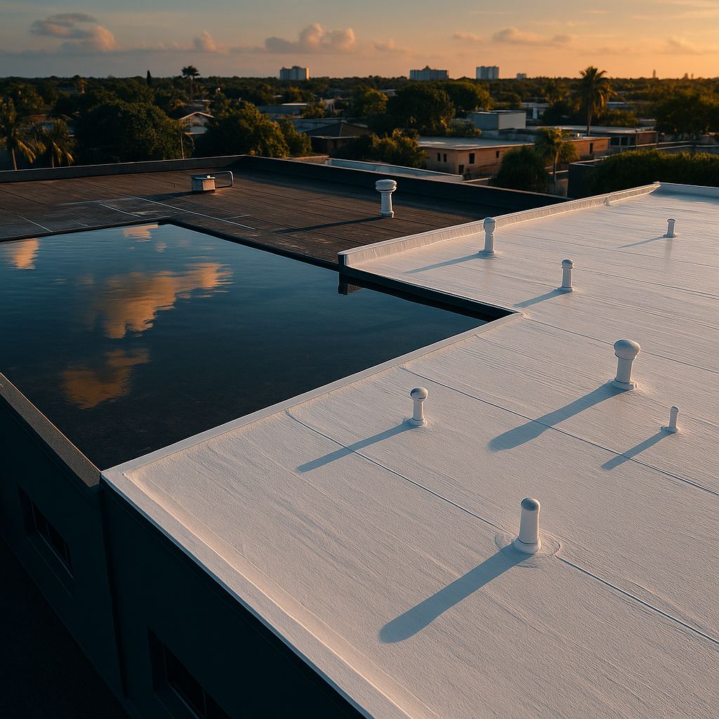 Flat commercial roof mid-application of silicone restoration coating with ponding zone marked